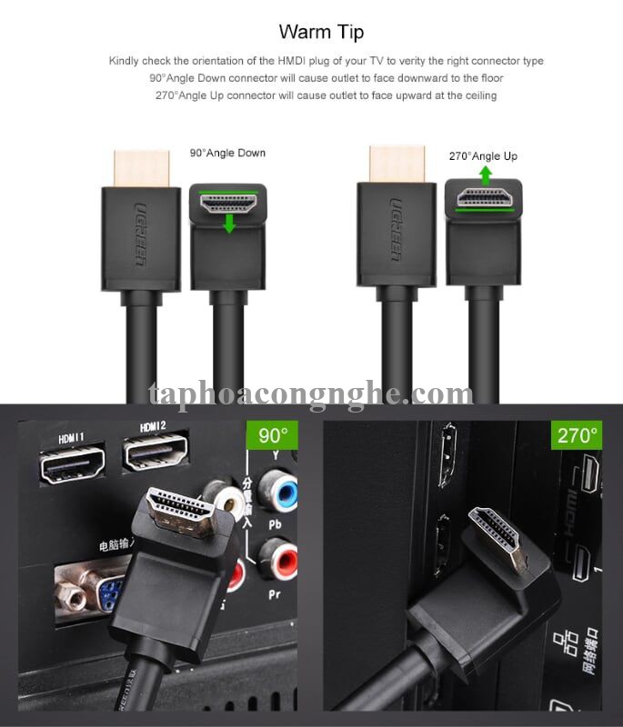 Ugreen 10122 3M màu Đen Cáp tín hiệu HDMI chuẩn 1.4 đầu bẻ góc 90 độ HD103 30010122